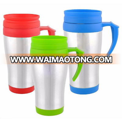 BPA free plastic mug double wall 14oz with handle and lid custom logo imprint